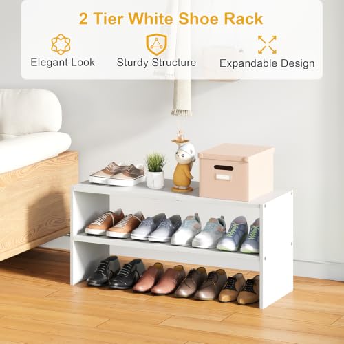 2 Pack White Adjustable Shoe Racks - 2-Tier Expandable Closet Shoe Organizers