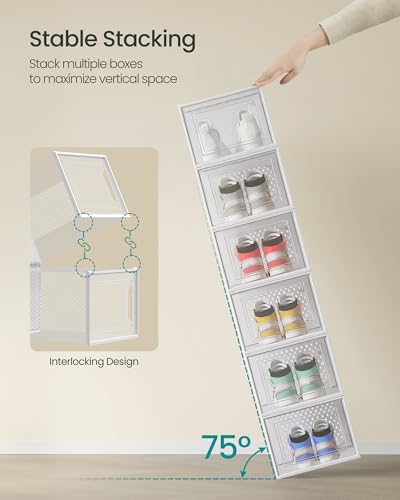 SONGMICS XXL Clear Plastic Shoe Boxes - Pack of 12, White & Transparent