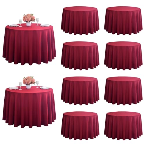 ZarzaaSik 10-Pack Round 108-inch Burgundy Table Cloths, Solid Stain and Wrinkle Resistant Circular Tablecloth, Premium Plain Weave Polyester Fabric Table Linen Covers for Hotel, Banquet
