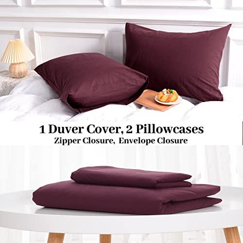 King Size Burgundy Duvet Cover Set Linen Look 100% Washed Cotton Textured Bedding