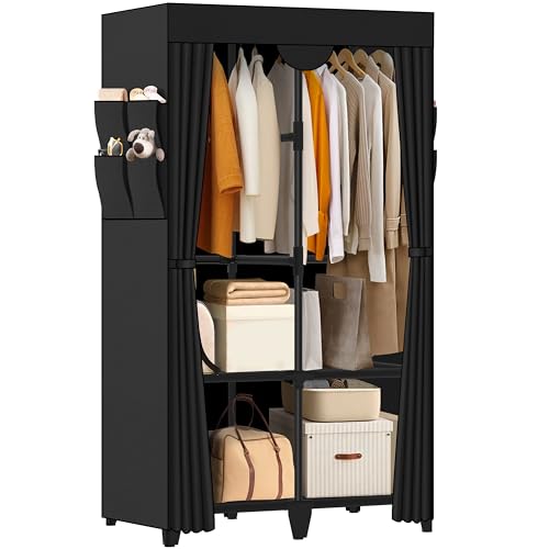 Jofuler Black 34-Inch Portable Wardrobe Closet with Shelves & Cover