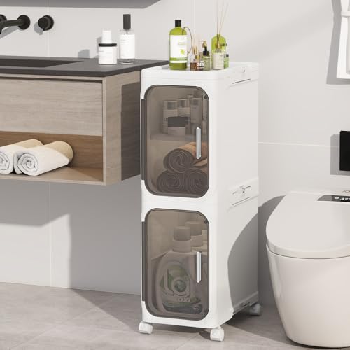 White 2-Tier Slim Bathroom Storage Cabinet - Foldable & Movable