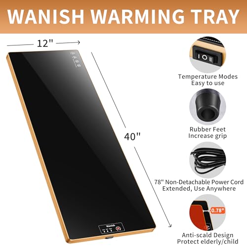 Black 40x12 Inch Electric Warming Tray Tempered Glass Food Warmer