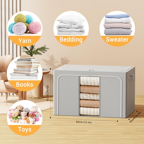 Light Gray Foldable Clothes Storage Bin 100L with Metal Frame - Pack of 3