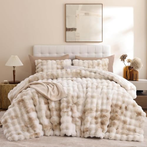 YIKUSH Tie-Dye White Faux Fur Comforter Set - California King, 3 Pieces