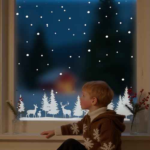 9sheets Christmas Window Clings Snowy Forest Trees Reindeer Reusable Double-Sided White Winter Christmas Static Clings for Windows Holiday Decor for Shop Home