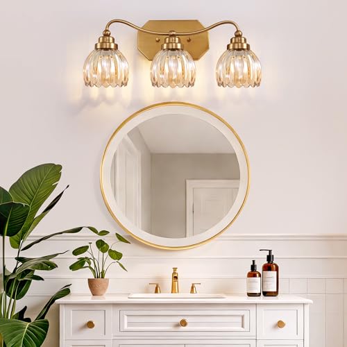 Brushed Gold 3-Light Vintage Vanity Light with Amber Glass Shades - Tulip Amber Variation