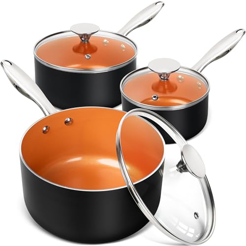 Nonstick Saucepan Set of 3 1-2-3 Qt Ceramic Copper Cookware with Lids - Michelangelo