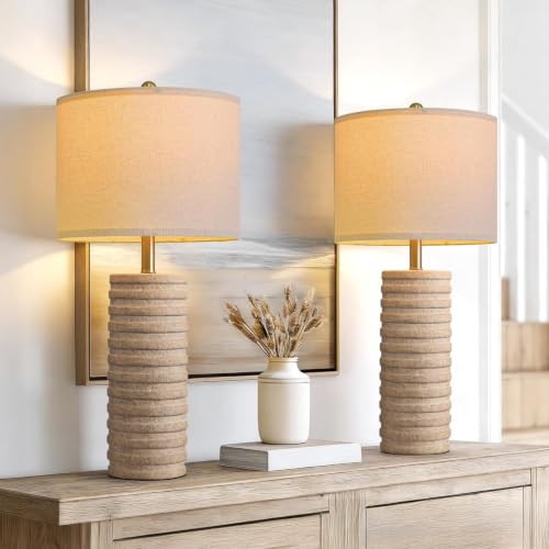 27-Inch Farmhouse Ceramic Table Lamps Set of 2 - Antique Beige, Stone-Like Finish