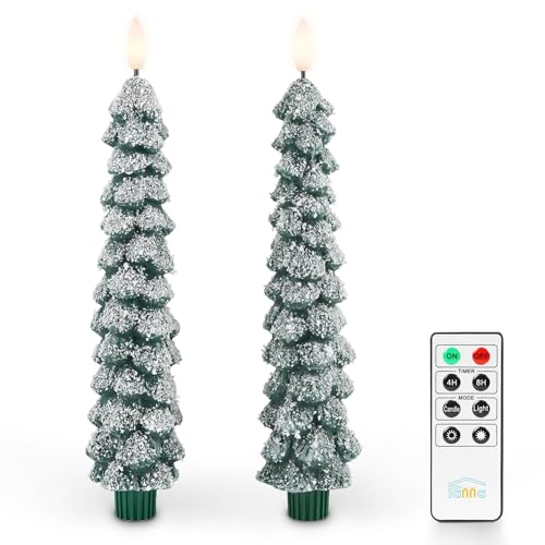 Fanna Green Snow Covered Christmas Tree LED Candles, Flameless Taper with Remote & Timer - Set of 2