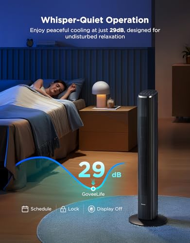 GoveeLife Black Tower Fan with Wi-Fi Control, 5 Modes, 8 Speeds, 25ft/s
