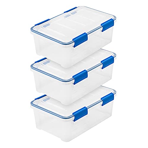 IRIS USA 3-Pack 16 Qt Storage Bins with Gasket Lids - Clear and Blue, Weatherproof Seal