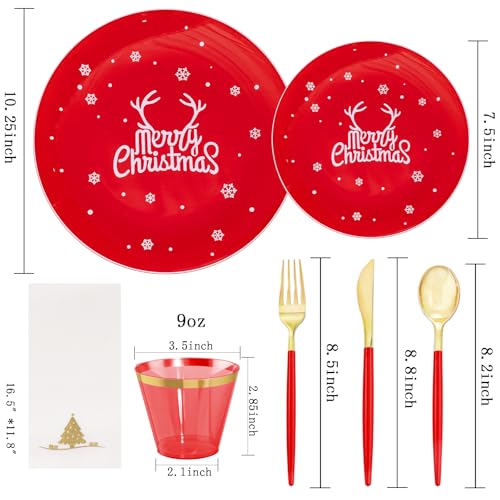 Nervure Red and White Christmas Plastic Plates 175PCS Disposable Dinnerware Set