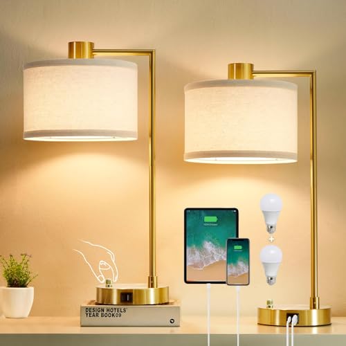 Gold Dimmable Table Lamp Set of 2 with USB-C & A Charging, Bedside Nightstand Lamps
