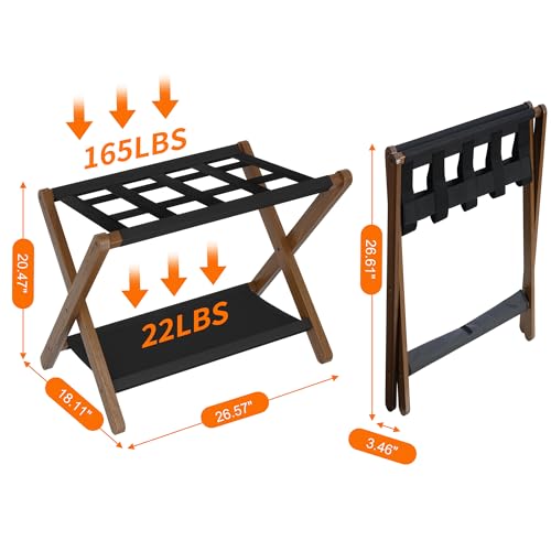 Heybly Walnut Folding Luggage Rack with Storage Shelf - Hotel Style Suitcase Stand