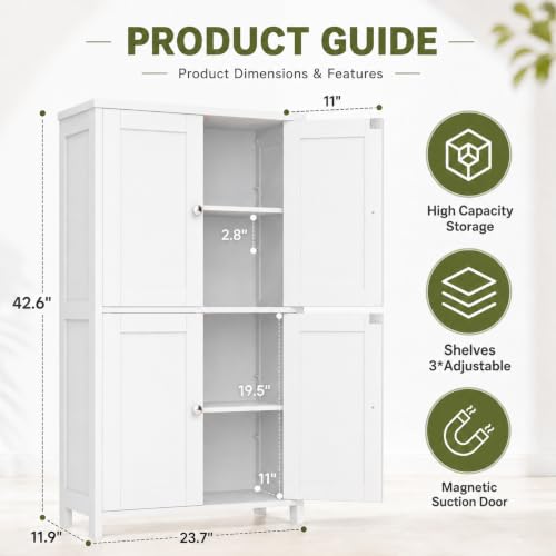 Nuturelly Bathroom Floor Storage Cabinet - Snowy White, 4-Door, Anti-Tip