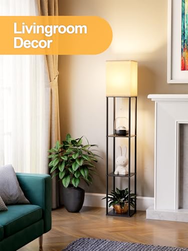 Black Floor Lamp with Shelves for Living Room and Bedroom, 3 CCT LED Bulb, Corner Organizer Tower