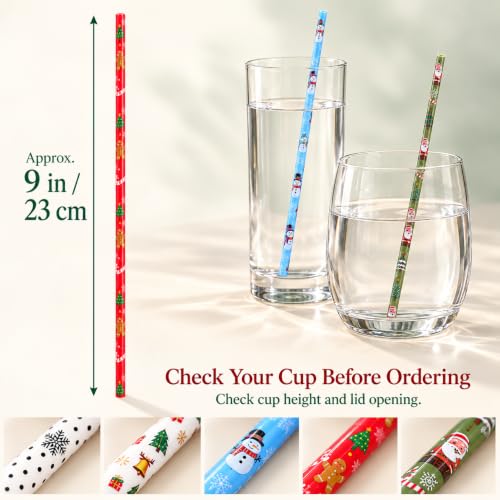 Christmas Reusable Plastic Drinking Straws - 30 Pack, 9 Inch Hard Straws with Designs
