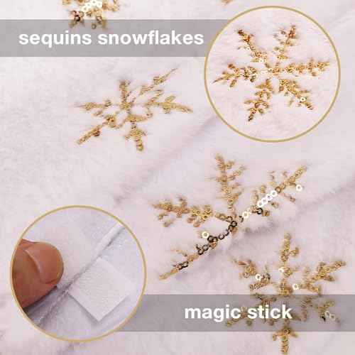 18 Inches Christmas Tree Skirt, White Plus Xmas Tree Skirt with Golden Snowflake Sequin Decoration for Christmas Tree Decoration Party Supply