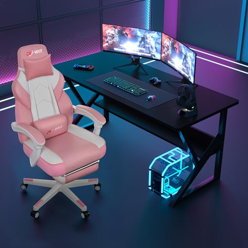 Pink Leather Gaming Chair with Footrest & Massage Lumbar Support - Big & Tall, 360° Swivel, Adjustable Height