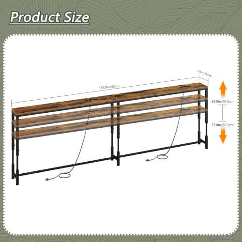 Rustic Brown 110.2" Adjustable Behind Couch Console Table with 2 Charging Stations