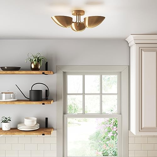 Semi-Flush Ceiling Light with 3 Black Rounded Shades - Vintaged Brass Finish - Variation of THIS listing