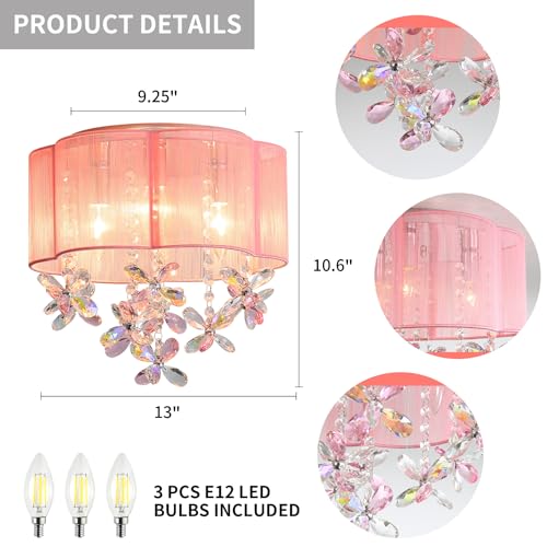 Pink Mini Chandelier Ceiling Light - 13-Inch Crystal Flush Mount with Handmade Flower Lampshade for Girls' Bedroom, Nursery, Dinning Room - Variation: Pink / 13" Ceiling