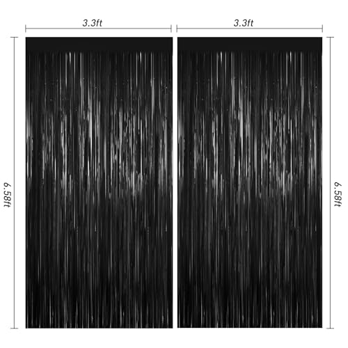 Black Foil Curtain Backdrop,2Pack Black Metallic Tinsel Foil Fringe Curtains Photo Booth Props for Birthday Wedding Engagement Baby Shower Bachelorette Christmas Halloween Disco Party Door Decorations