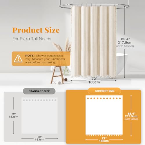 Long Boho Farmhouse Linen Shower Curtain - Cream / 72x84 Inches - Heavy Duty & Water-Resistant with Tassels - Pack of 1