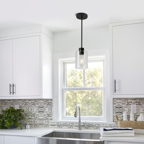 Black Pendant Lights Kitchen Island 2 Pack Modern Glass Fixture with Stem Rod - Black
