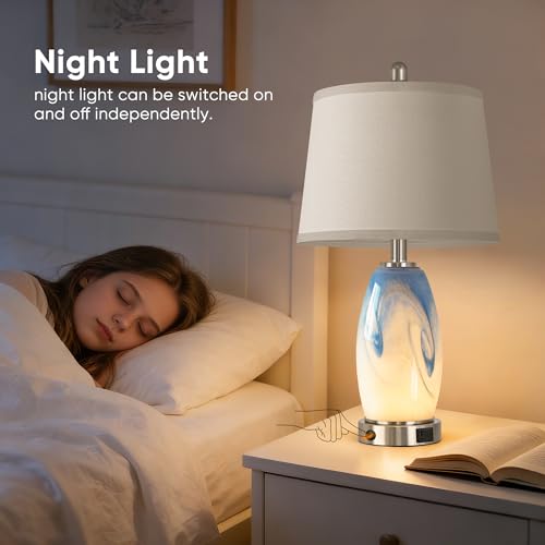 Hamucd Coastal Glass Table Lamp Set of 2 - Pattern 2, 7 Lighting Modes, USB Ports, Nautical Nightstand Lamps for Bedroom & Living Room