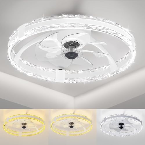 20-Inch White Ceiling Fan with Lights and Remote, Low Profile Flush Mount, 6 Speeds & Dimmable LED Light