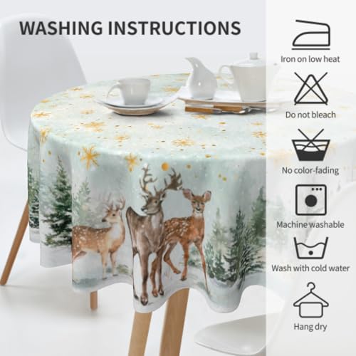 Winter Deer 60 Inch Round Tablecloth - Xmas Trees Snowflake, Water-Resistant, Spill-Proof