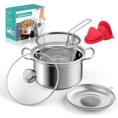 Deep Fryer Pot with Basket Lid & Splatter Guard - 6.3QT/6.0L - Stainless Steel