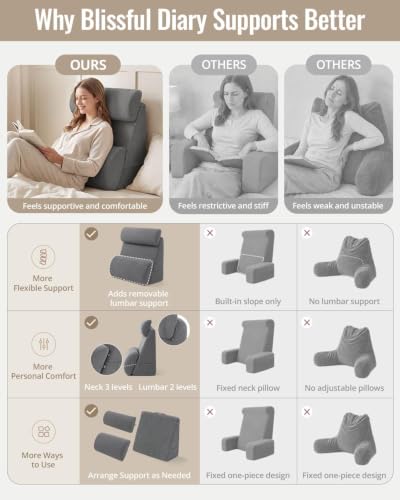 Grey Blissful Diary Reading Pillow with Wide Backrest & Adjustable Support - 19inch