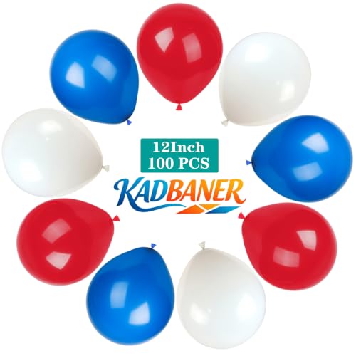 KADBANER 12 Inch Latex Balloons Pack of 100 in White Red Blue Party Decor