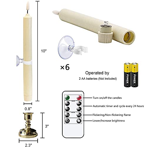 Wondise 10" Flameless Window Candles with Timer & Remote, Ivory Gold Holder—6 Pack