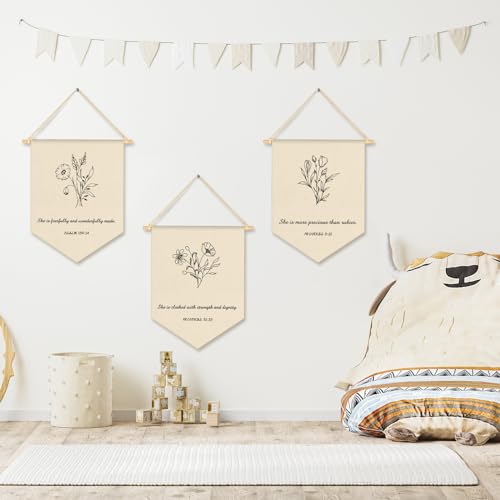 VitalCozy 3 Pcs Nursery Scripture Bible Verse Christian Botanical Decor Canvas Hanging Pennant Flag Banner Wall Sign Decor Gift for Nursery Bedroom Playroom Front Door Baby Kids Girl Boy Birthday Gift