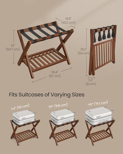 SONGMICS Solid Wood Luggage Rack 2 Pack with Storage Shelf, No Assembly, Coffee Brown