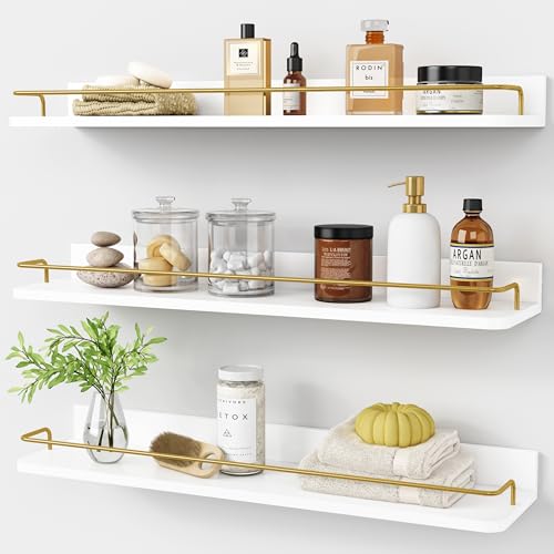 24 Inch Bathroom Floating Shelves Set of 3 Wall Mounted with Rail White and Gold Variation