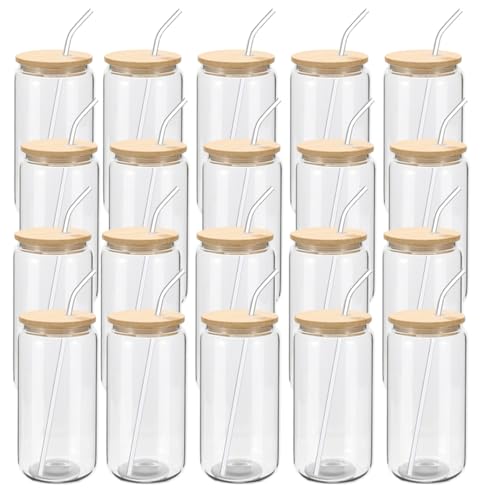YOUKE OLA 20 Pack Glass Beer Can Shaped Tumblers with Bamboo Lids & Straws, 16oz Reusable Drinkware for Whiskey, Coffee, Tea, Soda, Cocktails
