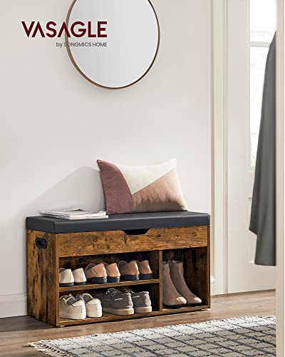 VASAGLE Storage Bench with Cushion, Shoe Storage, Rustic Brown + Ink Black, 31.5"W