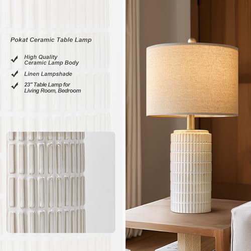PoKat 23'' Bedside Table Lamp for Bedroom Nightstands - Beige & White