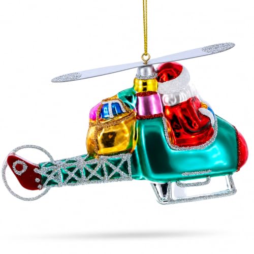 Santa’s Gift Delivery Helicopter Glass Christmas Ornament - Handcrafted Holiday Decor