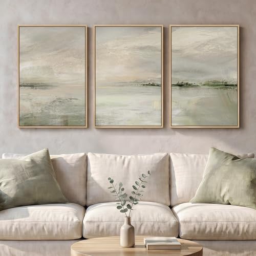 Sage Green Abstract Landscape Wall Art Set - 3 Pieces 16x24 Inches with Wood Frames - Modern Bedroom Decor (Variation: Warm Green / 16" W x 24" H x 3pcs)
