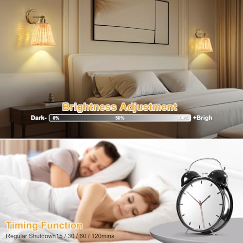 FRIDEKO HOME Gold Rattan Rechargeable Wall Sconces Set of 2 with Remote, Dimmable & Adjustable