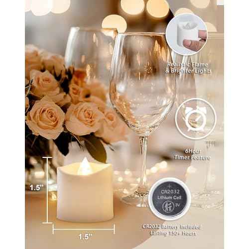 5plots Auto Timer Flameless Candles, LED Votive Tea Light, Battery Operated Electric Fake Candles for Wedding, Table Centerpiece, Halloween, Christmas Decorations - White (12 Pack)