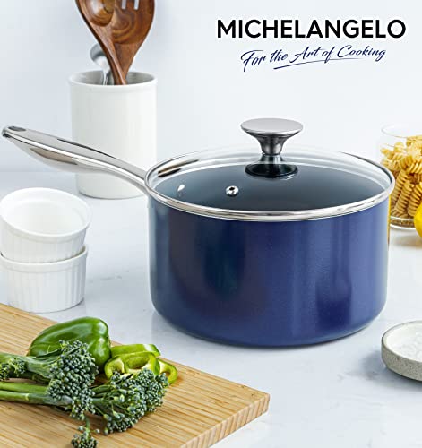 Michelangelo Blue 4 Qt Nonstick Ceramic Saucepan with Lid - Induction & Oven Safe