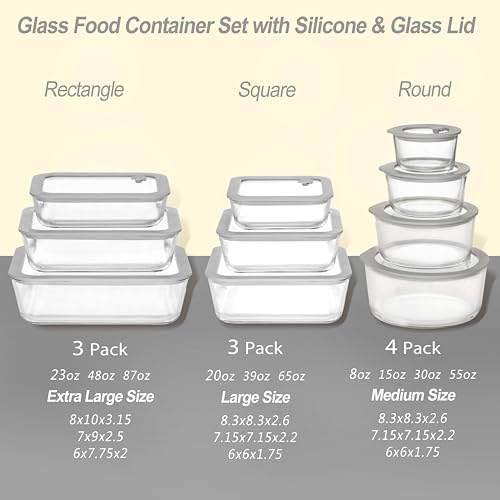 Glass Food Storage Containers with Grey Silicone Lids - Large 4 Pack, Microwave & Dishwasher Safe, Leak-Proof Meal Prep Set - Round