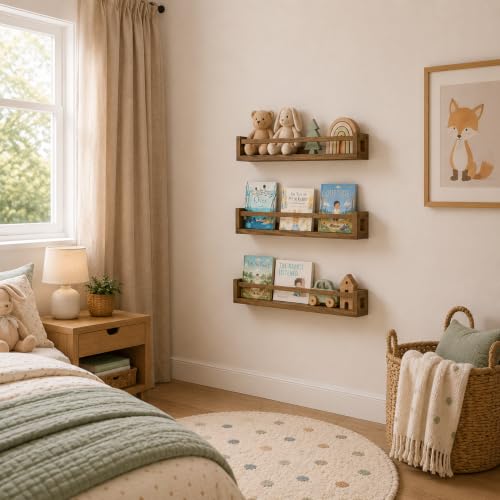 Nursery Wall Book Shelves - Solid Wood Floating Shelves in Walnut Brown, 23.6 Inch - Set of 3